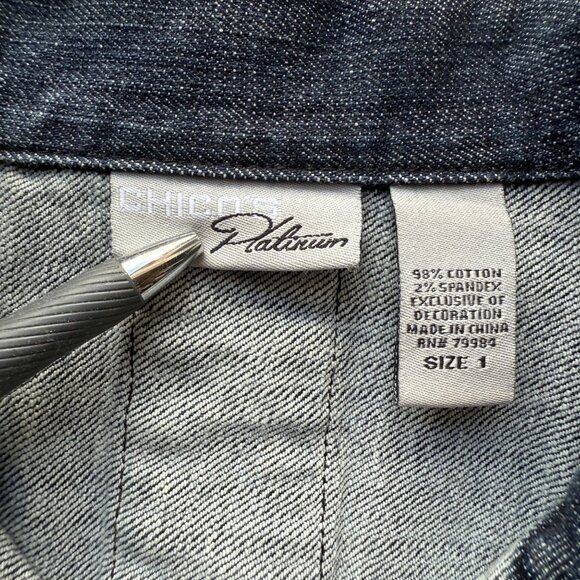 Chicos Platinum Denim Vest Womens Size 1 Blue Cotton Spandex Embroidered Casual - Picture 8 of 8